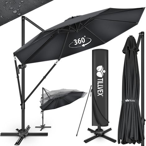 tillvex Parasol haut de gamme en aluminium anthracite 330 cm + housse et pare-vent Parasol déporté 6 positions avec manivelle Parasol de jardin pivotant et inclinable à 360° Parasol à manivelle gra (1/5)