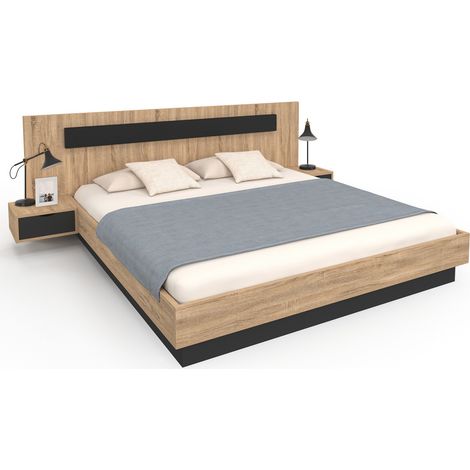 Lit double SANTA avec tête de lit + tables de chevet intégrées et sommier 180 x 200 cm bois et noir