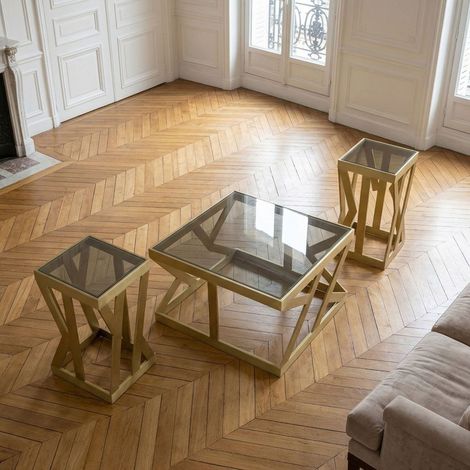 Ensemble de 3 tables d'appoint Zendaya en Verre fumé et Métal Or