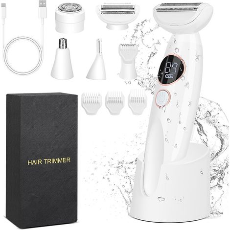 Rasoir féminin 5-en-1 rechargeable Type-C, étanche IPX7, avec base de charge et coffret cadeau pour épilation douce (1/5)