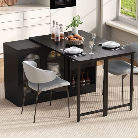Table de bar extensible rotative 360° avec rangement, bar réversible porte armoire verre, meuble bar café cuisine, couleur noir