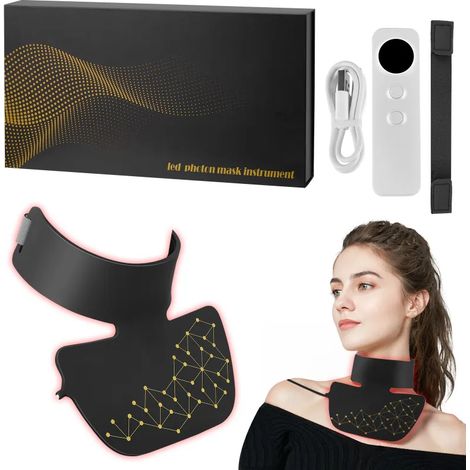 Masque de cou LED pour photothérapie : Lumière rouge 660 nm, lumière infrarouge 850 nm et LED multicolores pour une réduction efficace des rides du cou. (Masque de cou LED foncé inclus) (1/5)