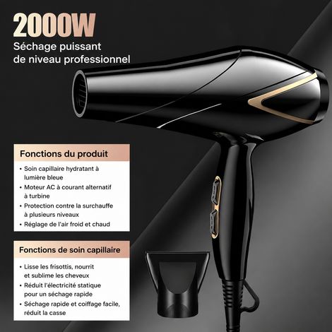 Sèche-cheveux professionnel 2400W noir avec buse concentrateur et lumière bleue noir réf 6386 25 × 10,6 × 29,5 cm 1,08 kg – Livraison gratuite