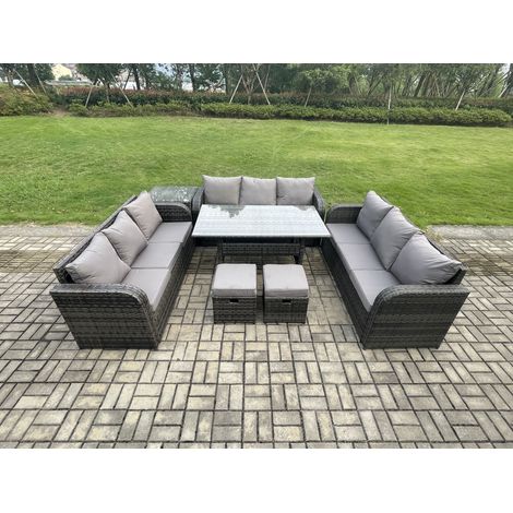 Fimous Patio Rattan Garden Furniture Set with Oblong Rectangular Dining Table 2 Small Footstools Side Table 11 Seater Outdoor Lounge Sofa Set Dark Grey Mixed