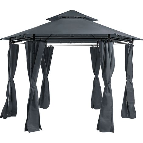 Pabellón de jardín con cortinas de poliéster gris oscuro marco de metal negro resistente al agua y UV Portel (1/5)