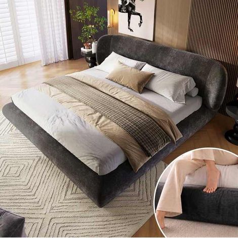 MODFU – Cama de matrimonio 140x190 cm de chenilla con cabecero acolchado, espuma de 12 cm, somier de láminas y carga 300 kg – Gris (1/5)