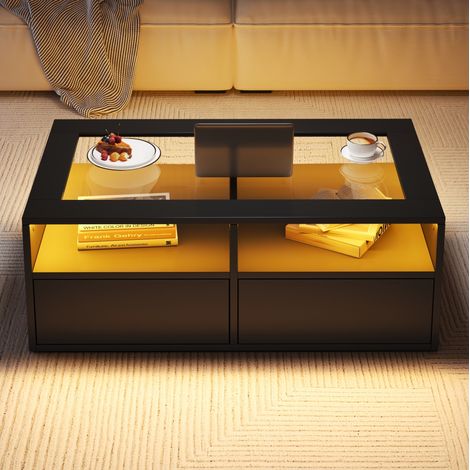 Mesa baja 100x50x35 cm con iluminación LED, 2 cajones, de vidrio, espacio de almacenamiento abierto, negro (1/5)
