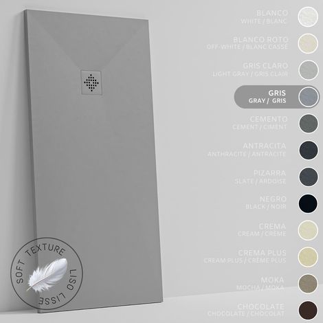 Receveur de Douche -Résine -Gel Coat -Texture Lisse Soie -Antidérapant -Couleur Gris - 130x80- Extra plat 3cm. GRILLE MÊME COULEUR (1/5)