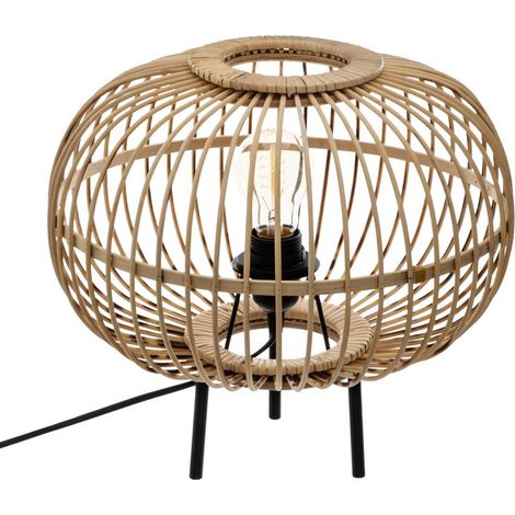 Lampe trépied à poser, lampadaire en bambou coloris beige et fer noir - diamètre 34 x hauteur 33 cm (1/3)