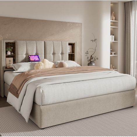 Lit coffre 2 places 140x200 cm lin naturel, recharge sans fil, matelas inclus - CHICFURN (1/5)