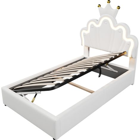 Cama tapizada 90 x 200 cm en PU blanco con LED, arcón hidráulico y cabecero regulable (1/5)