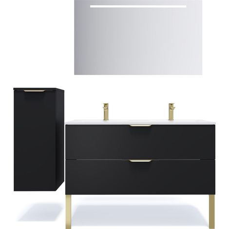 Meuble de salle de bain suspendu double vasque intégrée 120cm 2 tiroirs Noir + miroir + colonne ouverture gauche - Venice (1/5)