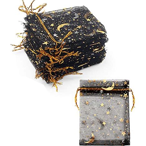 100 sachets à bonbons en organza motif lune et étoile, 6,9 x 8,9 cm, couleur : noir (1/5)