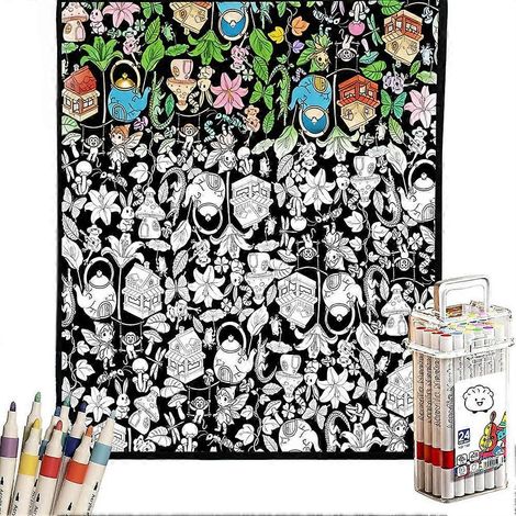 Couverture à colorier douce et confortable couverture à colorier soi-même pour adultes avec feutres inclus (1 jeu). (1/5)