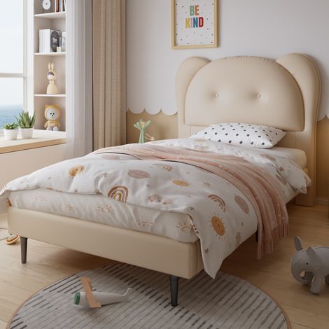 Lit enfant 90x200 cm Tete de lit en forme d animal rembourree revetement en PU Beige (Sans matelas) (1/5)