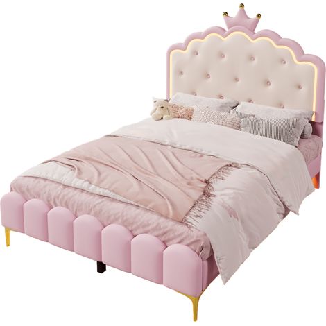 Lit capitonné 140 x 200 cm avec sommier à lattes, LED d’ambiance et tête de lit couronne princesse, cuir régénéré rose, sans matelas, pour chambre enfant – CHICFURN (1/5)