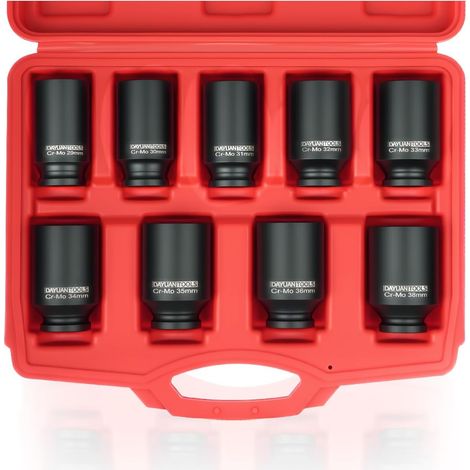 Lot de douilles à choc 9 écrous d'essieu 1/2" 29 30 31 32 33 34 35 36 38 mm (1/5)