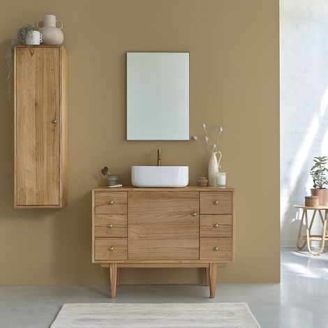 Berah Getah – Meuble sous vasque simple en mindi massif 100 cm – Hauteur 78 cm – Profondeur 50 cm – Style rétro avec pieds compas (1/5)