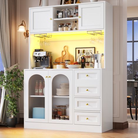 Buffet 120x40x188 cm bianco in MDF con vetro scanalato, LED integrato e 4 ante (1/5)