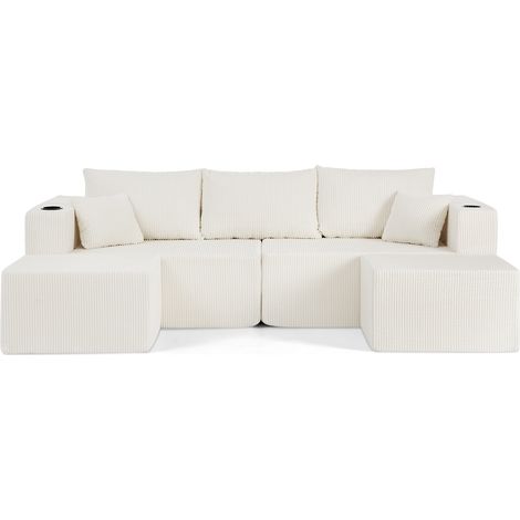 Sofá rinconero modular de 3 plazas beige de tejido acanalado con pufs móviles (1/5)