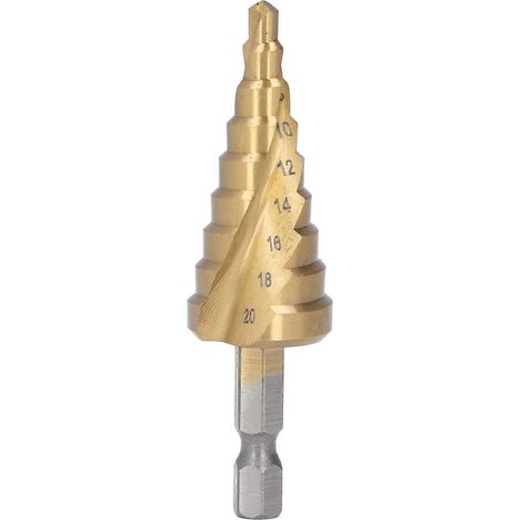 Stufenbohrer aus HSS mit Spiralnut und konischer Zentrierspitze, Sechskantschaft 4–20 mm