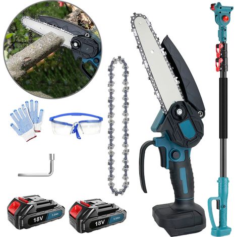 Scie à perche électrique 4 en 1 pour l'élagage, tronçonneuse sans fil de 15 cm avec 2 batteries de 3,0 Ah, mini tronçonneuse sans fil avec rallonge, scie à perche à batterie pour la coupe des branches