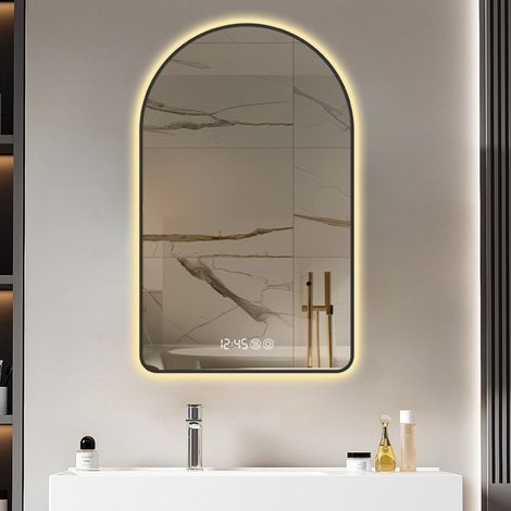 Miroir lumineux de salle de bain-voûté LED anti-buée-écran horaire/température-3 intensités-luminaire gradable-70x3x120(cm) (1/5)