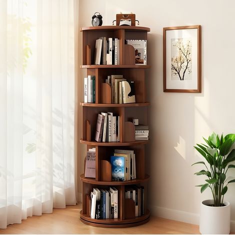 Bibliothèque rotative à 5 niveaux, pivotante à 360°, MDF, finition noyer, REDOM (1/5)