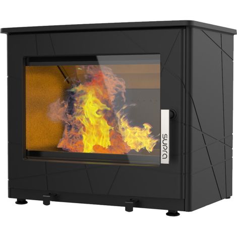 Supra – Poêle à bois 8,7 kW en fonte – Double combustion – Vision du feu 60 cm – Évacuation des fumées arrière ou dessus – Flamme verte 7 étoiles
