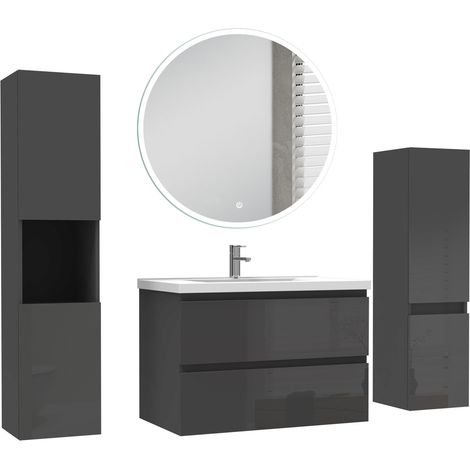 Ocean Ensemble de Meuble salle de bain 79cm + miroir led rond + colonne 110cm + colonne 131.5cm, noir Haut Brillant