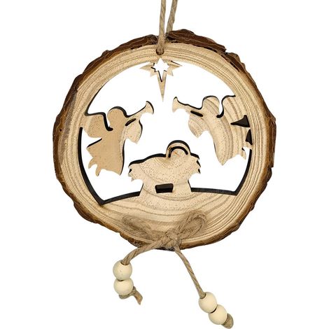 Ornement En Bois - Décoration De Noël Pour Arbre Intérieur Extérieur - Pendentif Ronde Avec Corde - Lot De 1 (1/4)