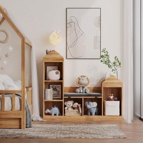 Bibliothèque enfant en bois avec coin lecture et coussin d’assise, meuble rangement jouets & livres 3 niveaux - 6 cubes, anti-basculement, 91,3×30×107,5 cm - Bois naturel