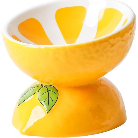 Raised Ceramic Cat Bowl, Tilted Cat Bowl Lemon Shallow Bowl with Stand, Anti-Vomiting Kittens, Yellow (1/5)