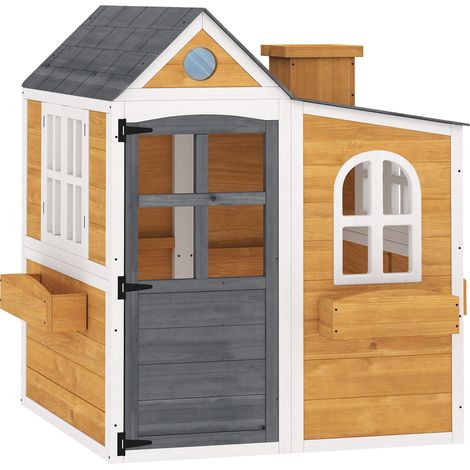 Cabane enfant extérieur en bois, maisonnette jaune avec porte et fenêtres, 3 bacs à fleurs, jeu intérieur/extérieur (1/5)