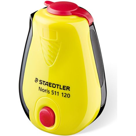 Afilalápices de plástico con depósito, diseño Noris amarillo/negro, con afilalápiz metálico de gran calidad, para lápices hasta 8,2 mm Ø, tapa roja co