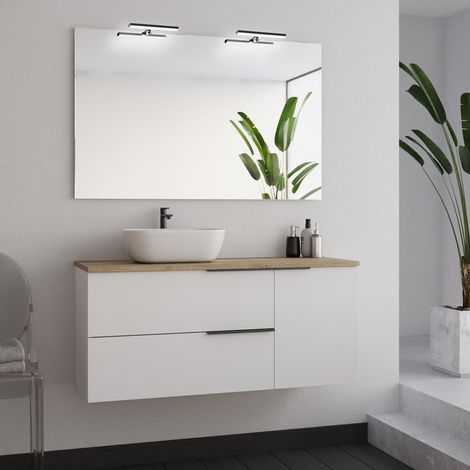 Meuble de salle de bain 100cm avec vasque à poser arrondie et miroir avec appliques - blanc - KING (1/5)