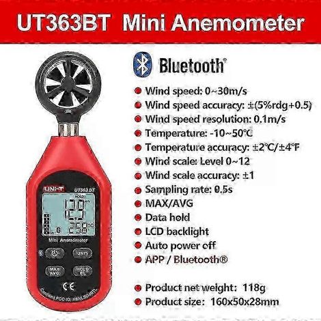 Anémomètre numérique portable UT363, testeur de vitesse du vent et de température UT363BT, anémomètre à écran LCD, xUT363BT (1/5)