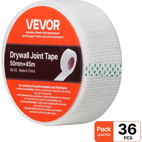 VEVOR Nastro per Cartongesso 45 m x 50 mm Nastro in Fibra di Vetro Autoadesivo per Giunti in Cartongesso, 36 Rotoli, Ideale per Riparare Crepe su Soffitti, Pareti Interne o Esterne, Bianco