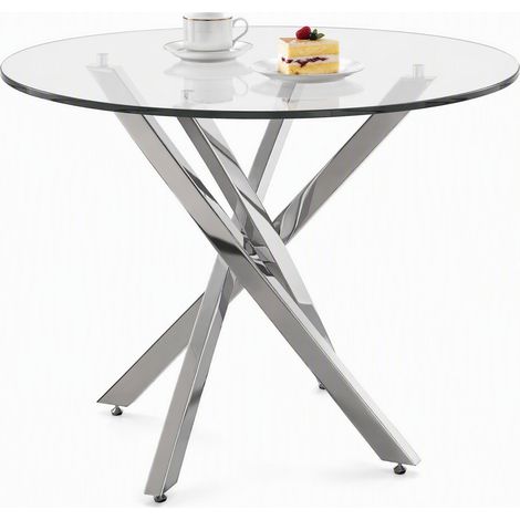 Mesa de comedor redonda de 80 cm con tablero de cristal templado y patas metálicas plateadas (1/5)