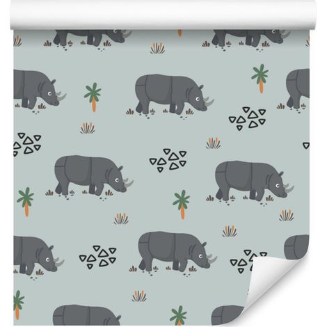 Papel pintado con estampado de flora y fauna tropical en tonos gris claro y gris, 50x1000 cm. (1/5)