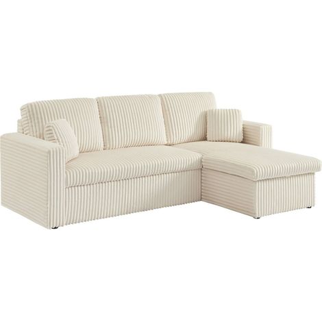 sweeek - 3-Sitzer Ecksofa mit Schlaffunktion und breit geripptem Bezug mit Fell-Optik