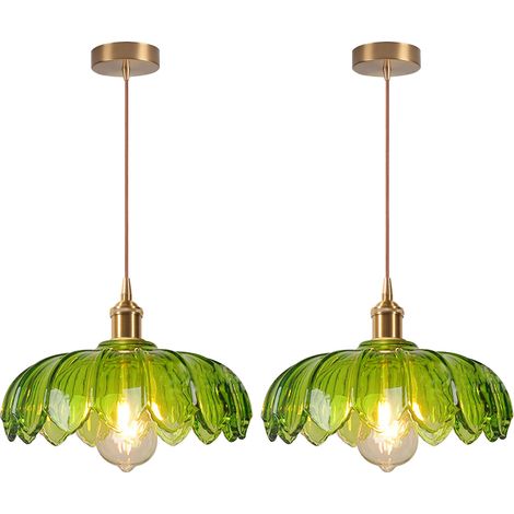 2PCS Glass Pendant Light Vintage Interior Ceiling Light Retro Pendant Lights Modern Pendant Light For Living Room, Bedroom Green