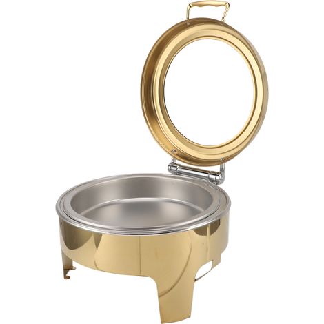 Chafing dish rond doré à couvercle rabattable à 90° en acier inoxydable de 6 L, chauffe-plats pour buffets avec alcool, 1 récipient alimentaire (1/5)