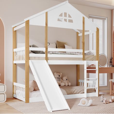 Letto a castello casa in legno massello e MDF bianco+naturale 90x200 cm con finestra, scala ad angolo e scivolo (1/5)