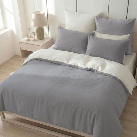 Parure de lit 180 x 200 cm en coton gris/blanc - Parure de lit 3 pièces douce, 100 % coton lavé, comprend 1 housse de couette 180 x 200 cm et 2 taies d'oreiller 80 x 80 cm avec fermeture (1/5)