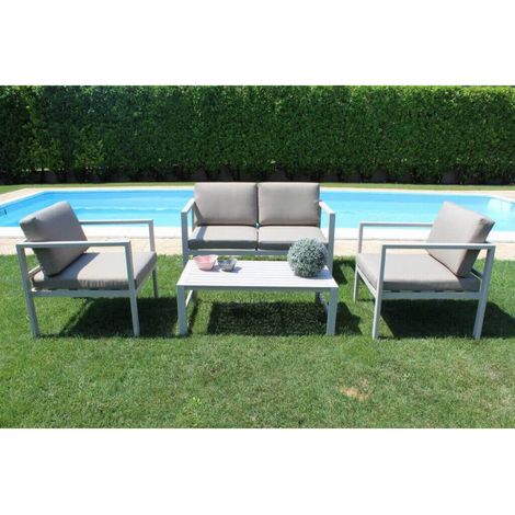 Set Salotto da Giardino Divano 2 Poltrone e Tavolino con Cuscini in Alluminio Tortora (1/3)