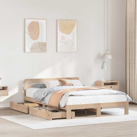 Cadre de lit 120x200 cm bois de pin massif avec tête de lit et sommier lattes, 2 tiroirs de rangement sous le lit (1/4)