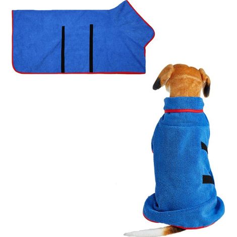 Serviette pour chien, peignoir de bain ultra-absorbant en microfibre à séchage rapide, avec collier et taille ajustables (bleu), taille S (1/5)