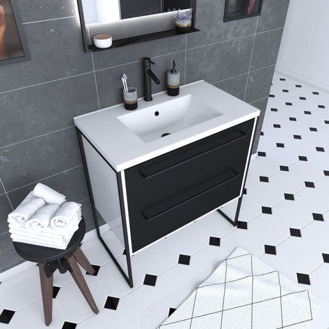 Mobile da bagno 80x50 cm Bianco - 2 cassetti nero opaco - Lavabo in resina bianco - STRUCTURA P021