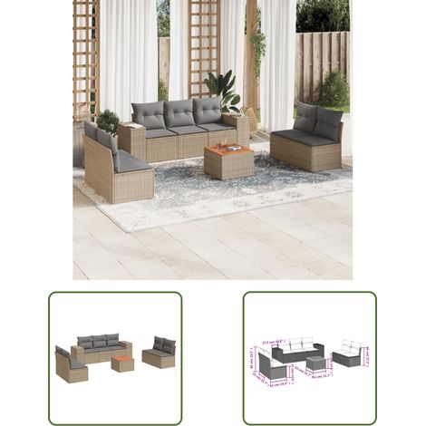 The Living Store Salon de jardin avec coussins 8 pcs beige résine tressée - Ensemble Salon De Jardin - Meuble Extérieur - Résine Tressée - Rotin Synthétique - Fauteuil Jardin